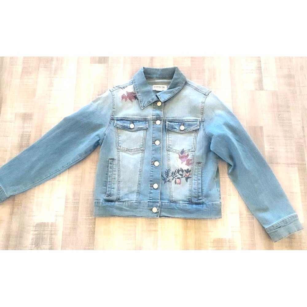 Cavalini Blue Denim‎ Button Up 90s Style Jean Jacket Women Size Small P8 Flowers